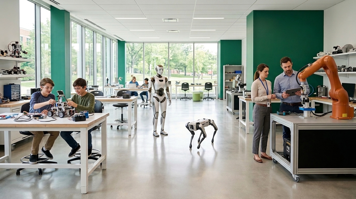 Young learners building a robot and engineers working with an industrial robotic arm, alongside a humanoid robot and a quadruped robot dog, in one bright robotics innovation lab